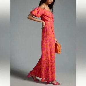 Ranna Gill pink orange Floral Jumpsuit romper puff sleeve off shoulder S Anthro